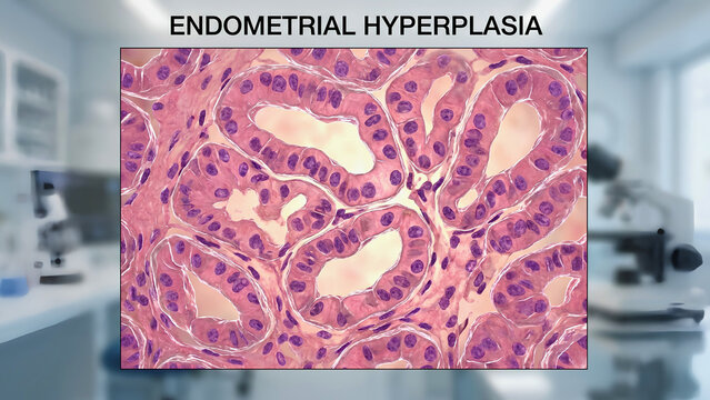 Microscopic view of endometrial hyperplasia showing glandular proliferation and cellular changes in human uterine tissue