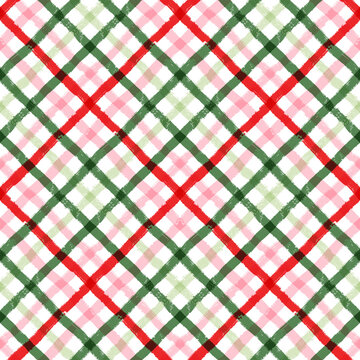 Gingham seamless pattern. Watercolor lines Christmas plaid print for wrapping paper, decor, textile
