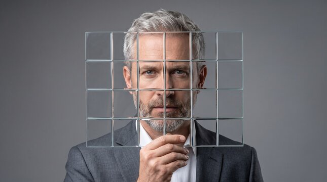 Mature businessman holding a fragmented glass panel in front of his face on grey background