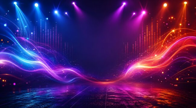 abstract music stage background with glowing purple waves, colorful equalizer lights and dramatic concert illumination