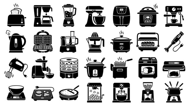 Kitchen Appliances Icons Set, Modern Cooking Equipment and Home Food Preparation Tools