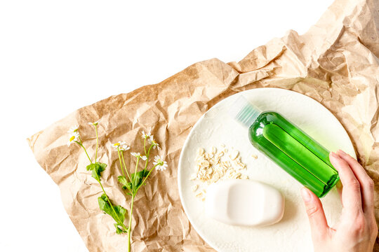 natural organic cosmetics for baby on white background top view