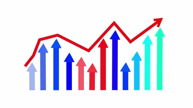 Growth chart with rising arrows and a curved line showing progress success and business increase animation