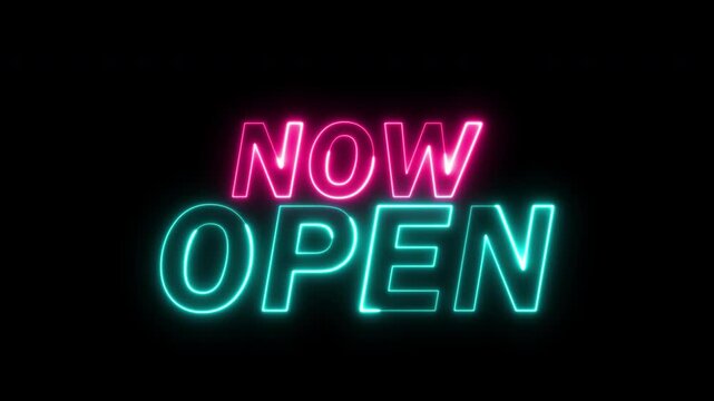 now open text pink and blue neon glow with line trail animation on transparent background, 4k video