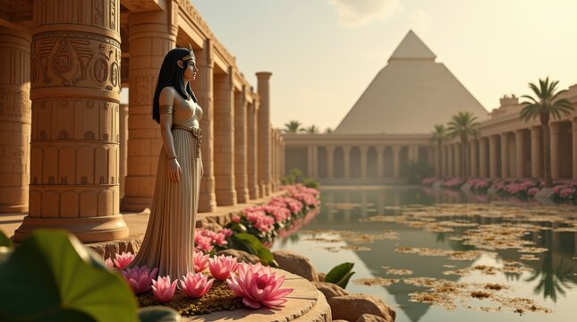 Estatua de la diosa egipcia Isis de pie junto al r&iacute;o Nilo