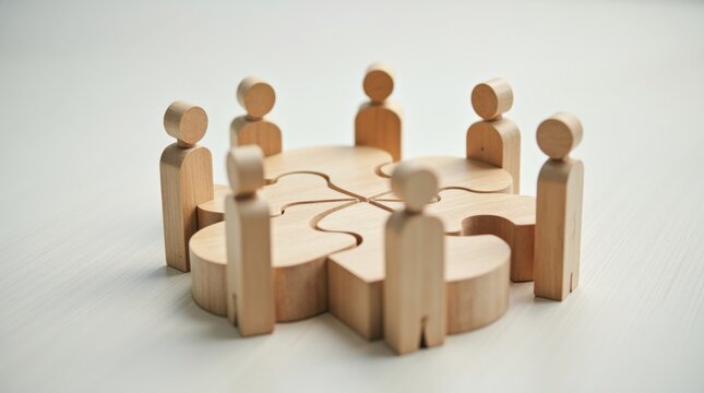 Figuras humanas de madera alrededor de una pieza grande de rompecabezas, que representan el trabajo en equipo y la resoluci&oacute;n de problemas