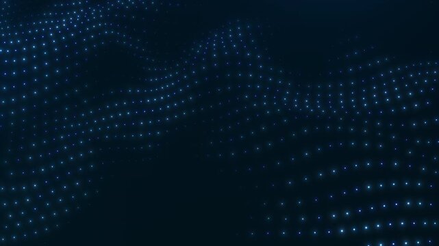 Blue digital dot wave with flowing data particles on dark background, clean tech motion in 4K 60fps seamless loop.
