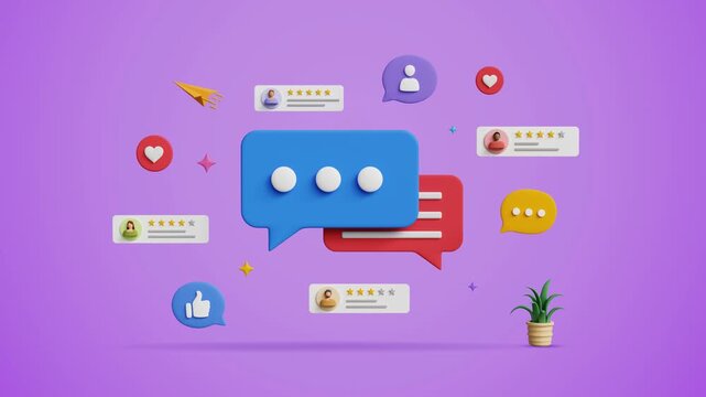 3D Customer Feedback with Random Rating Icons on Purple Background. Customer Service Satisfaction, Open Customer Opinion for Product and Services, 5 Star Rating, Experience Review, Evaluation.3D Video