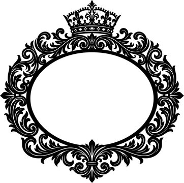 Vintage baroque oval frame with royal crown, ornate black filigree border vector, elegant damask mirror frame for luxury invitations