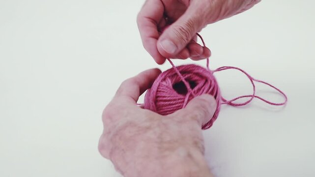 Close-up of hands rewinding a pink color string