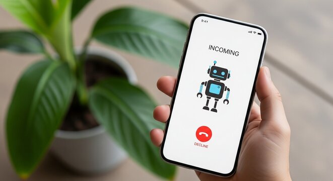 Incoming spam call from a robot caller on a smartphone, blocking unwanted telemarketing phone calls