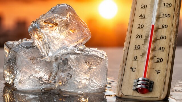 Melting ice cubes beside thermometer during extreme heat wave at sunset illustrating rising temperatures worldwide