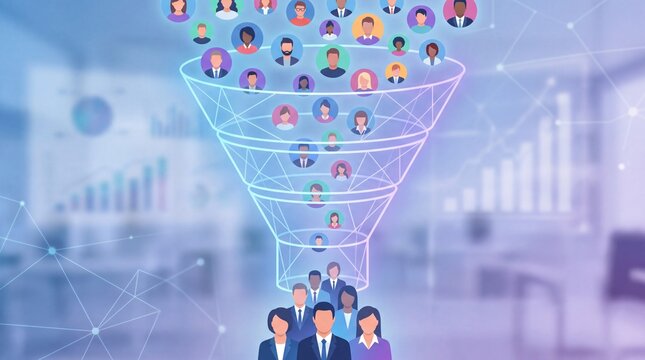 Marketing Strategies, Customer icons transition through a marketing funnel, transforming into business professionals