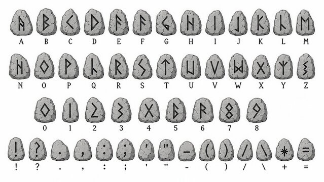 Ancient rune alphabet engraving sketch on stone tablets with symbols letters numbers and punctuation set