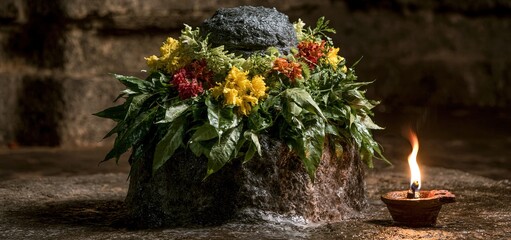 Naklejka premium Shiva Lingam adorned with fresh foliage and bright flowers, illuminated by an oil lamp in a peaceful temple.