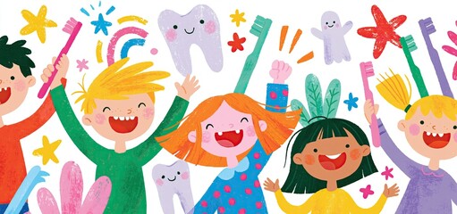 Fototapeta premium A vibrant kids' dental care poster for February showcasing happy children, toothbrushes, and engaging graphics promoting healthy smiles.