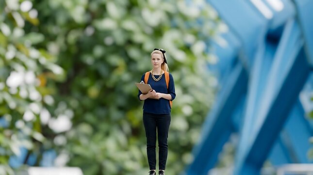 Professional young woman holding clipboard outdoors in modern urban setting