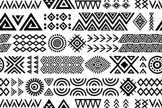 Seamless ethnic pattern, hand-drawn ethnic geometric elements, African or Indian style tribal pattern, isolated on white background, vector print