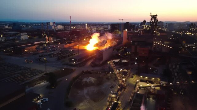 Aerial view of a steelworks at bluehour as molten slag flares up from s pit