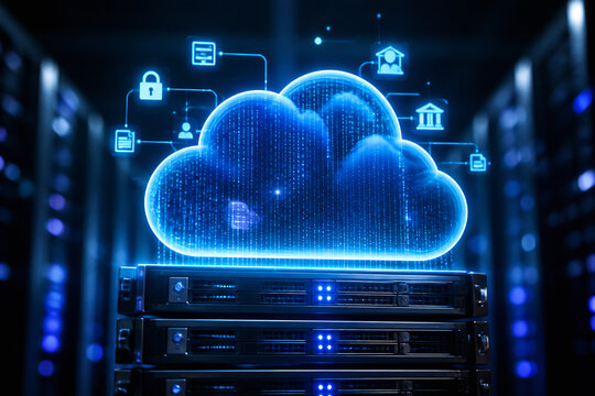 A glowing blue cloud icon representing cloud computing is displayed above a stack of servers in a dark, high-tech setting.