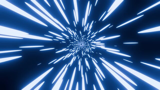 Futuristic blue light tunnel warp speed animation, abstract neon starburst lines, sci fi hyperspace travel background