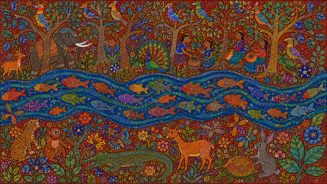 Gond tribal art sacred Narmada river scene with patterned fish birds trees in cobalt blue teal orange emerald purple dot-line internal patterns on terracotta red background
