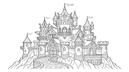 Naklejka premium Detailed castle silhouette stands against a black background blackbackground fortress architecture medieval gothic turrets spires drawbridge illustration vector graphic