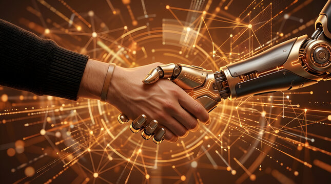 Human handshake with a robotic hand on digital background.