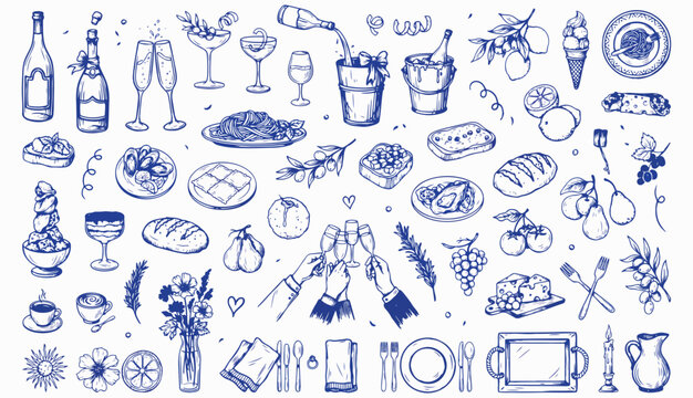 La dolce vita italian sicily style. Hand drawn ink line food and wine or champagne drawings. Sketch style lunch or dinner Illustrations for wedding invitations, cafe or restaurant menus and parties