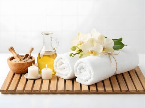 Spa wellness setting with white towels and orchid flowers