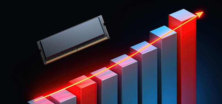 A rising sales graph illustrates growing RAM prices, emphasizing trends and investment potential in the tech sector.