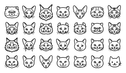 Obraz premium Cat breeds heads line icons vector set featuring persian siamese maine coon sphinx and kitten faces for veterinary branding