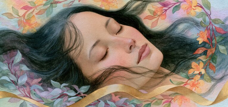 A serene figure with flowing dark hair surrounded by colorful floral vines and a golden ribbon.