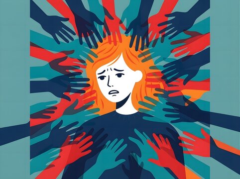 Stressed woman surrounded by many hands reaching towards her