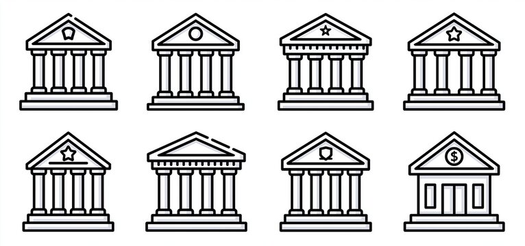 Minimalist modern bank building icons with clean lines for financial services and business branding.