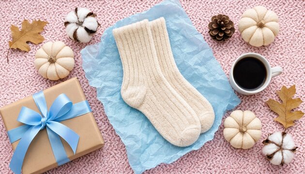 Flat lay arrangement featuring warm wool socks gift box autumn pumpkins and a cup of coffee on a soft pink background