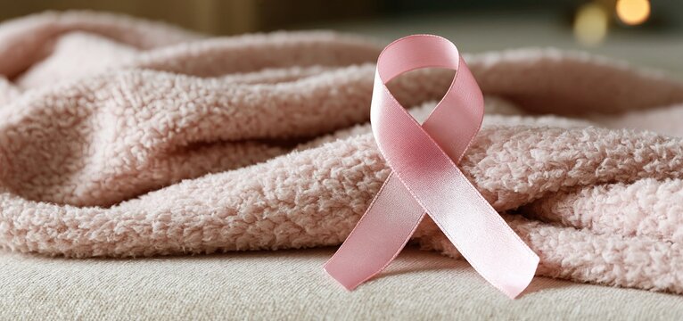 A softly lit pink ribbon arranged on textured fabric, conveying breast cancer awareness with a serene, gentle ambiance.