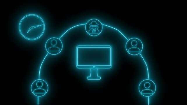 Neon digital network with computer and user icons animation