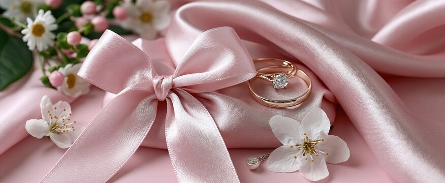 A bright, cheerful setting featuring a soft fabric adorned with a pastel pink bow, elegant jewelry, and floral touches.