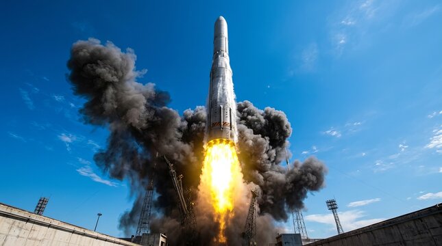 Dramatic low angle view of a powerful rocket launching into the blue sky with fiery exhaust flames