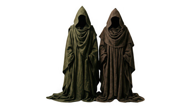 Two mysterious figures in hooded cloaks standing side by side isolated on transparent background