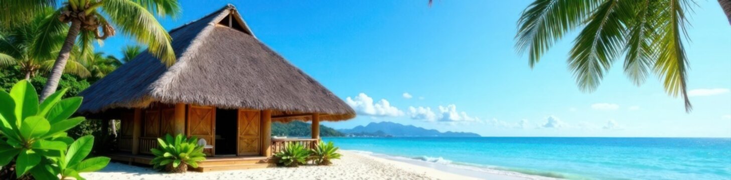 Traditional Fijian bure, thatched roof, palm trees, blue sky, photography, peaceful, shelter