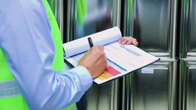 Focused male engineer conducts serious preventive risk assessment writing audit notes holding clipboard inside facility warehouse