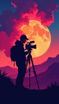Vector silhouette of a cameraman operating a camera , recording, equipment, operator