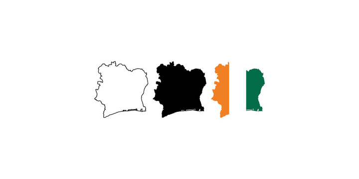 Ivory Coast map silhouettes in orange green and black colors for infographic designs.