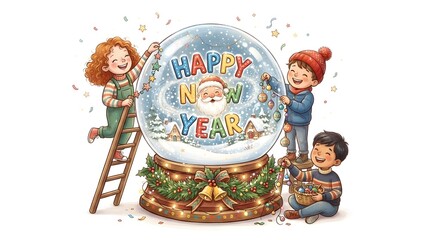 Naklejka premium Children admiring a snow globe with a vibrant city scene inside whimsical illustration