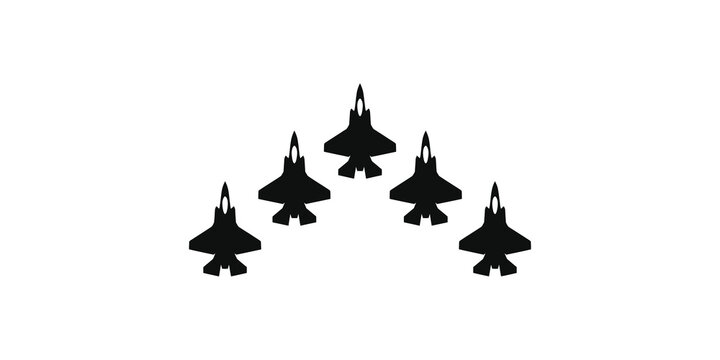 Formation of five black fighter jet silhouettes arranged in an arc for military aviation concepts.