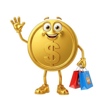 3d gold dollar coin character waving hand and holding shopping bags isolated on transparent background