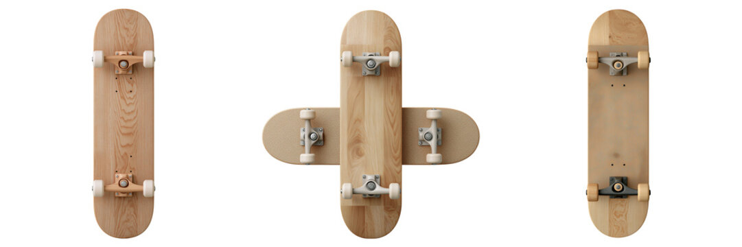 Set of Minimalist Natural Wood Skateboard Deck Mockup transparent png background. Ai generated