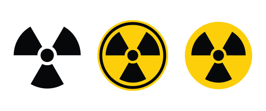 Radioactive danger symbol vector pack including circular yellow warning badges and black nuclear hazard icons for radiation, laboratory, science and security concepts.